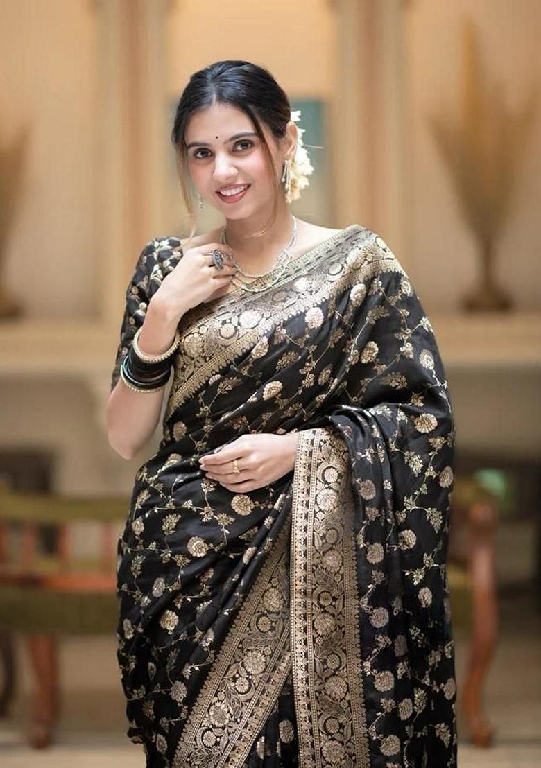 Black Jacquard Banarasi Silk Saree Set