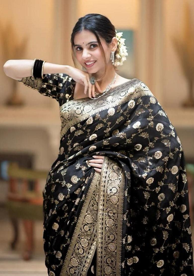 Black Jacquard Banarasi Silk Saree Set