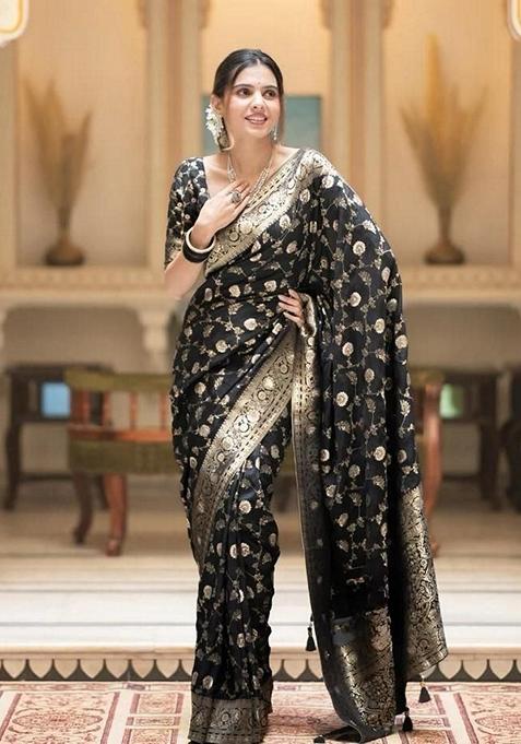 Black Jacquard Banarasi Silk Saree Set