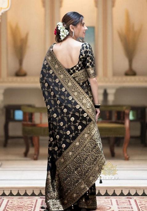 Black Jacquard Banarasi Silk Saree Set