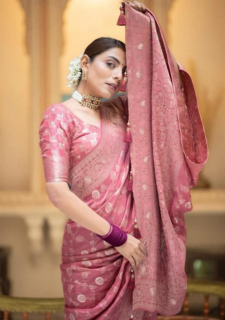 Peach And Orange Jacquard Banarasi Silk Saree Set