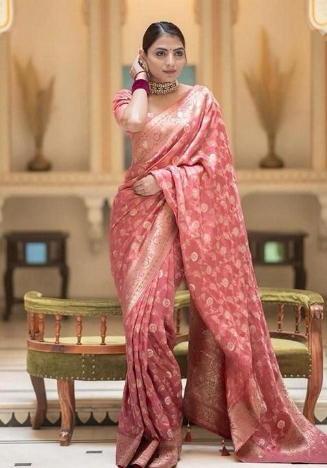 Peach And Orange Jacquard Banarasi Silk Saree Set