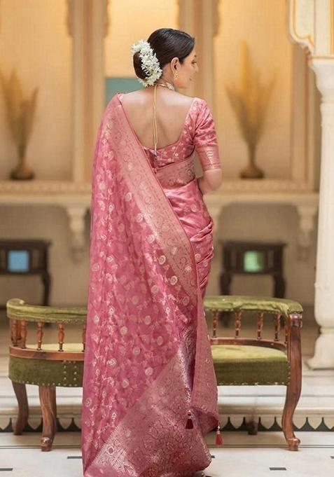 Peach And Orange Jacquard Banarasi Silk Saree Set