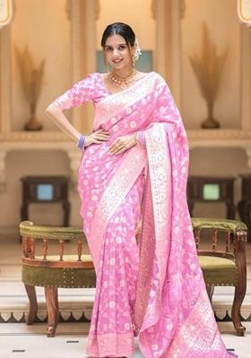 Light Pink Jacquard Banarasi Silk Saree Set