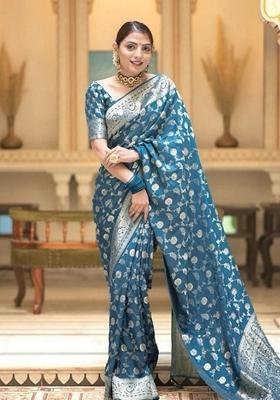 Rama Blue Jacquard Banarasi Silk Saree Set