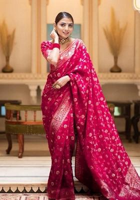 Rani Pink Jacquard Banarasi Silk Saree Set