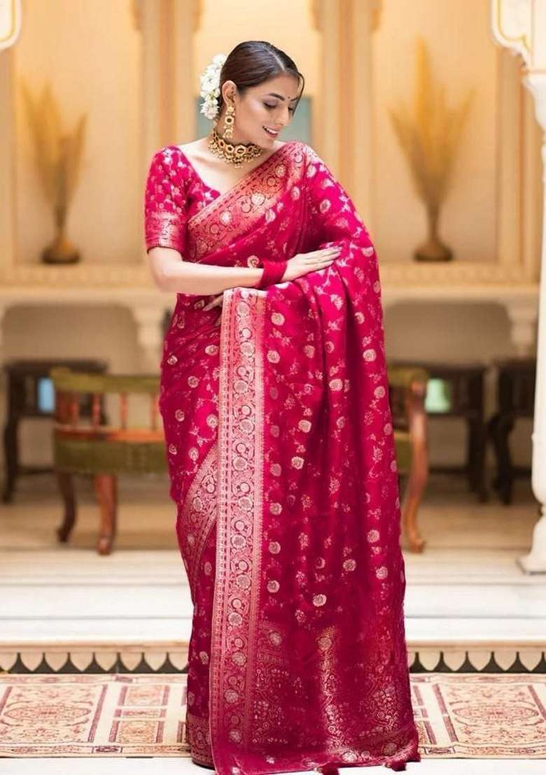 Rani Pink Jacquard Banarasi Silk Saree Set - Indya
