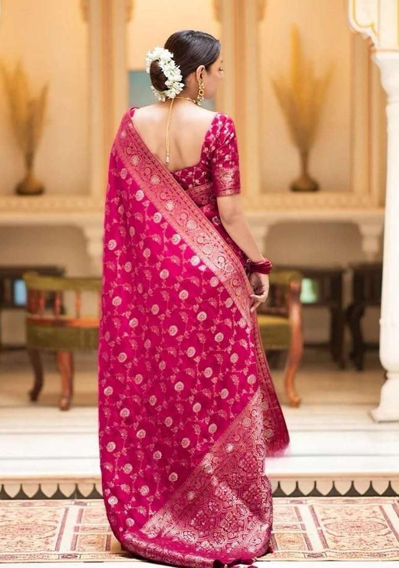 Rani Pink Jacquard Banarasi Silk Saree Set - Indya