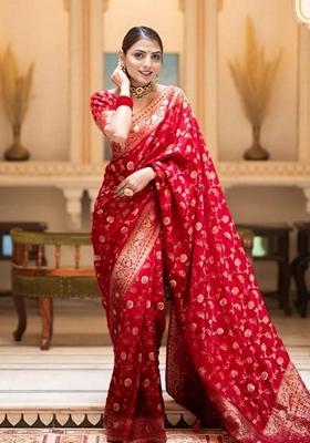 Red Jacquard Banarasi Silk Saree Set