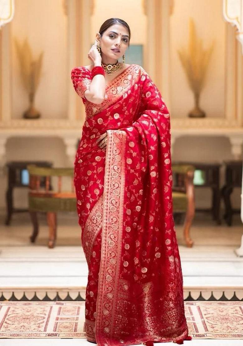 Red Jacquard Banarasi Silk Saree Set