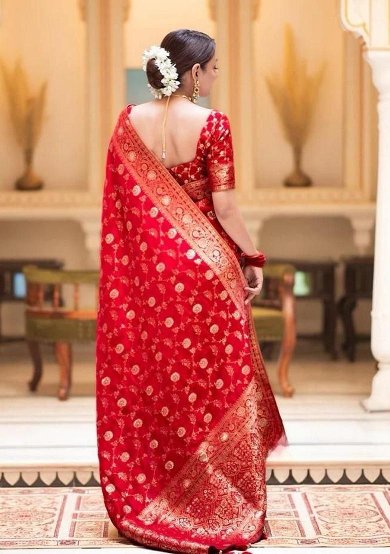 Red Jacquard Banarasi Silk Saree Set