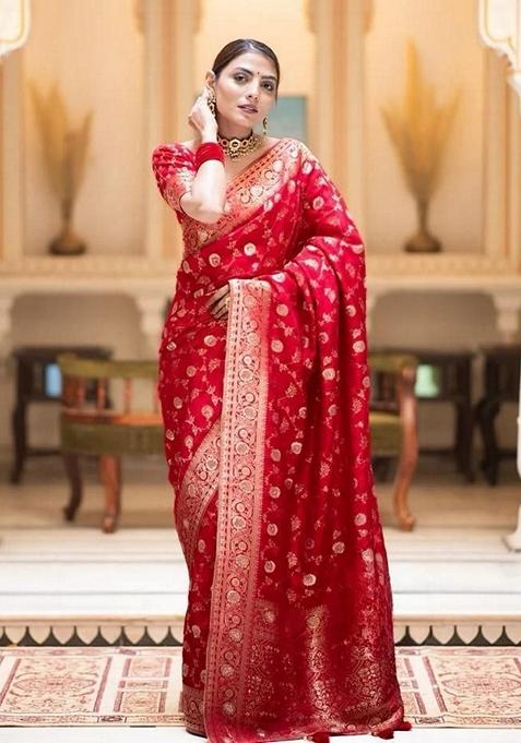 Red Jacquard Banarasi Silk Saree Set