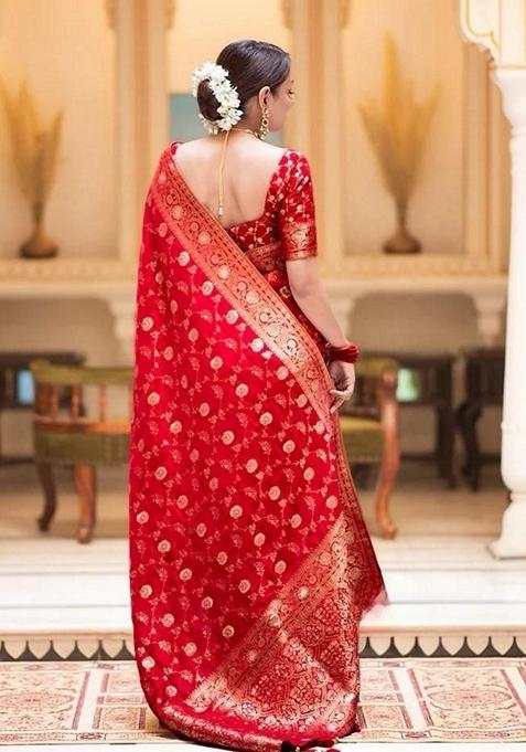 Red Jacquard Banarasi Silk Saree Set