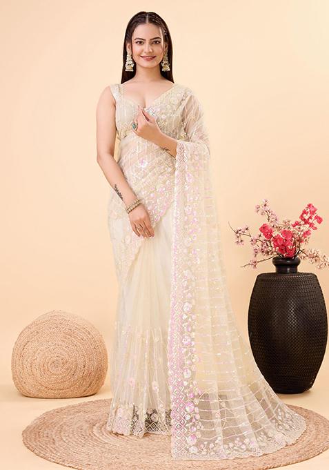 Beige Embroidered Soft Net Saree Set