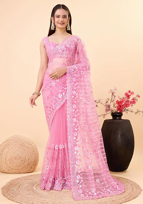 Pink Embroidered Soft Net Saree Set