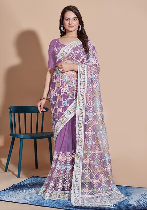 Lavender Embroidered Soft Net Saree Set