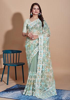 Pista Green Embroidered Soft Net Saree Set