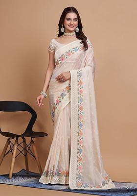 Off White Embroidered Tabby Organza Silk Saree Set