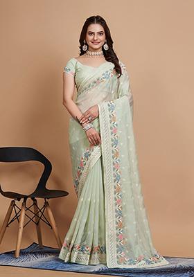Pista Green Embroidered Tabby Organza Silk Saree Set
