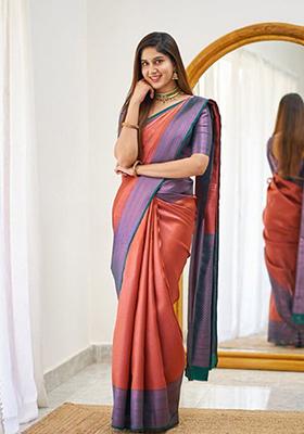 Tomato Red Jacquard Banarasi Silk Saree Set