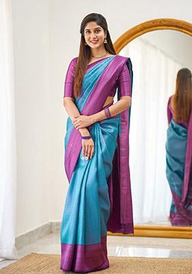 Sky Blue Jacquard Banarasi Silk Saree Set