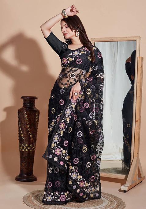 Black Embroidered Soft Net Saree Set