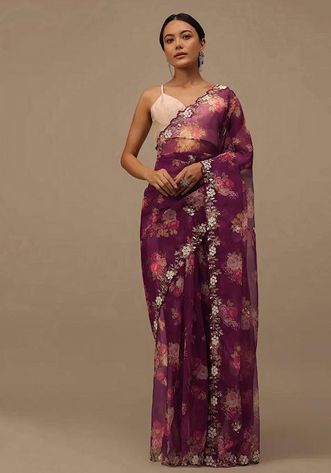 Purple Cutdana Embroidered Soft Organza Saree Set