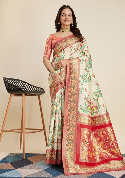 Cream Woven Banarasi Silk Saree Set