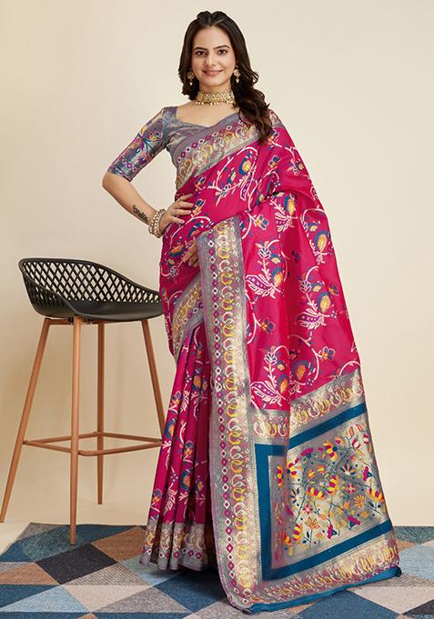 Rani Pink Woven Banarasi Silk Saree Set