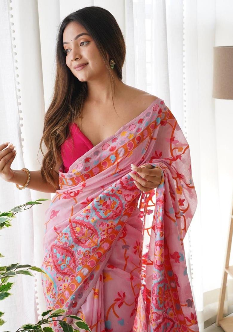 Pink Thread Zari Woven Banarasi Silk Saree Set