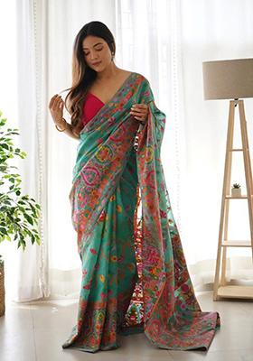 Mint Green Thread Zari Woven Banarasi Silk Saree Set