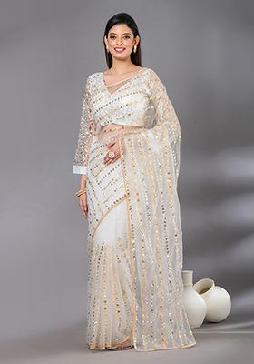 White Sequin Embroidered Net Saree Set