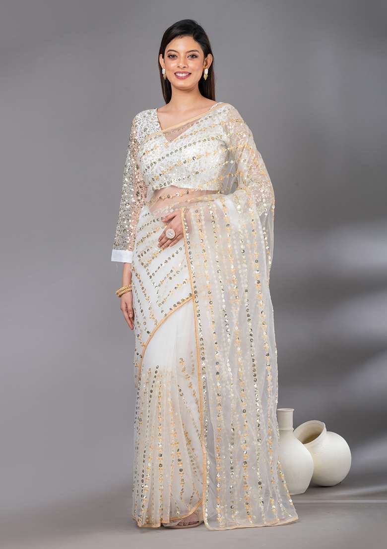 White Sequin Embroidered Net Saree Set for Diwali and Festive Wear - Indya