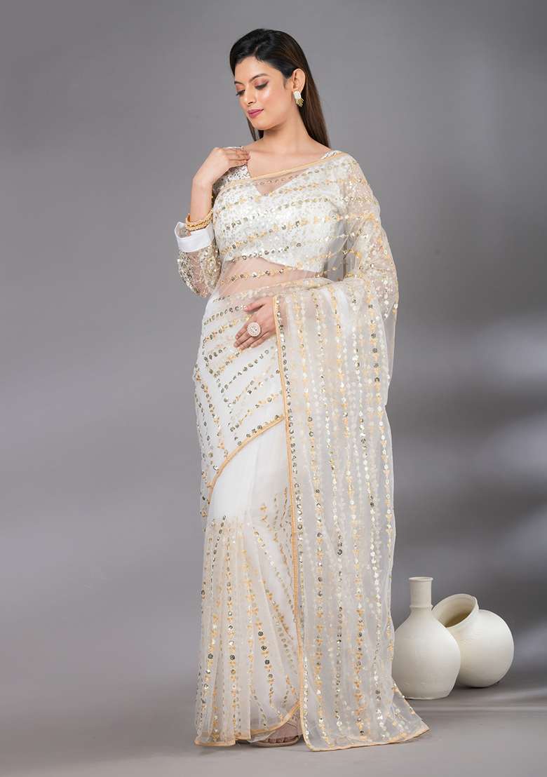 White Sequin Embroidered Net Saree Set for Diwali and Festive Wear - Indya