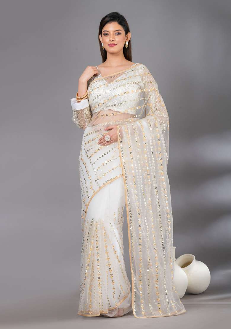 White Sequin Embroidered Net Saree Set for Diwali and Festive Wear - Indya