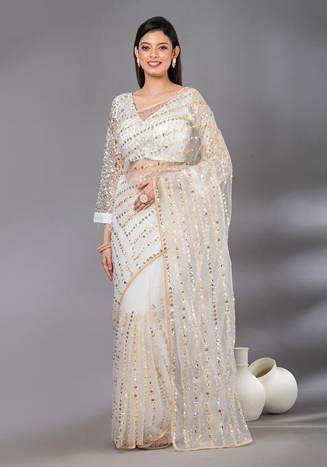 White Sequin Embroidered Net Saree Set