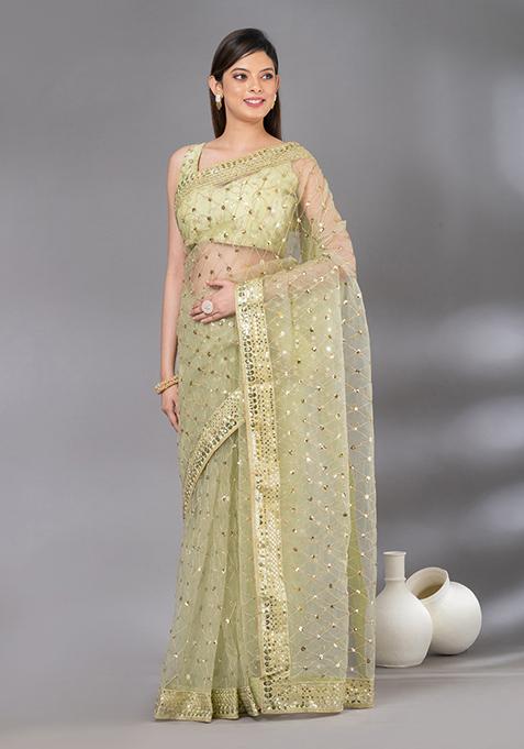 Green Sequin Embroidered Net Saree Set