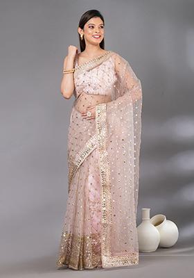 Pink Sequin Embroidered Net Saree Set