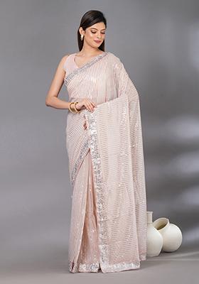 Peach Sequin Embroidered Georgette Saree Set