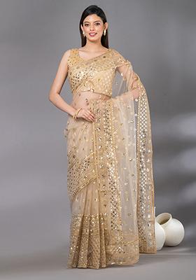 Golden Sequin Embroidered Net Saree Set