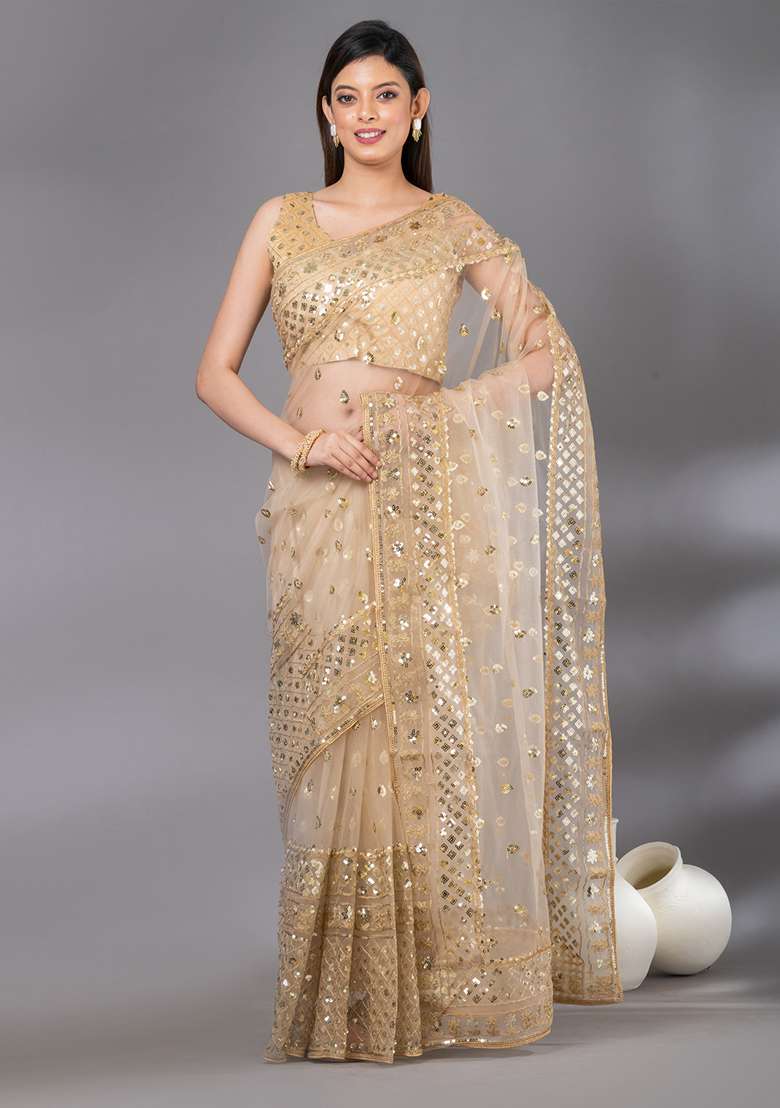 Golden Sequin Embroidered Net Saree Set for Diwali and Festive Wear - Indya