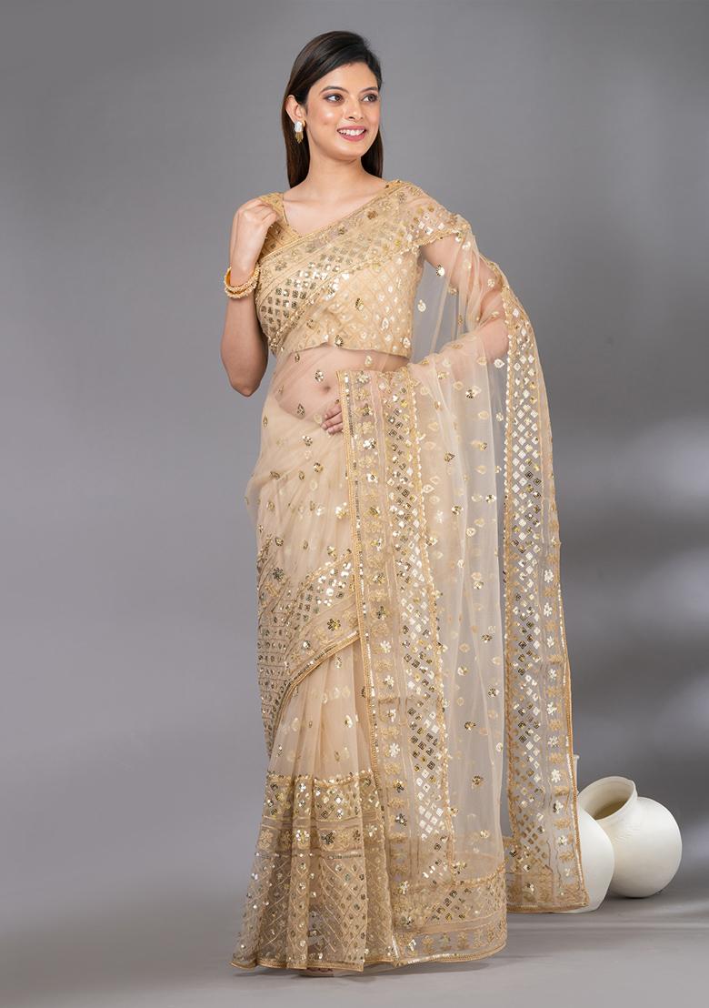 Golden Sequin Embroidered Net Saree Set