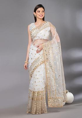White Sequin Embroidered Net Saree Set