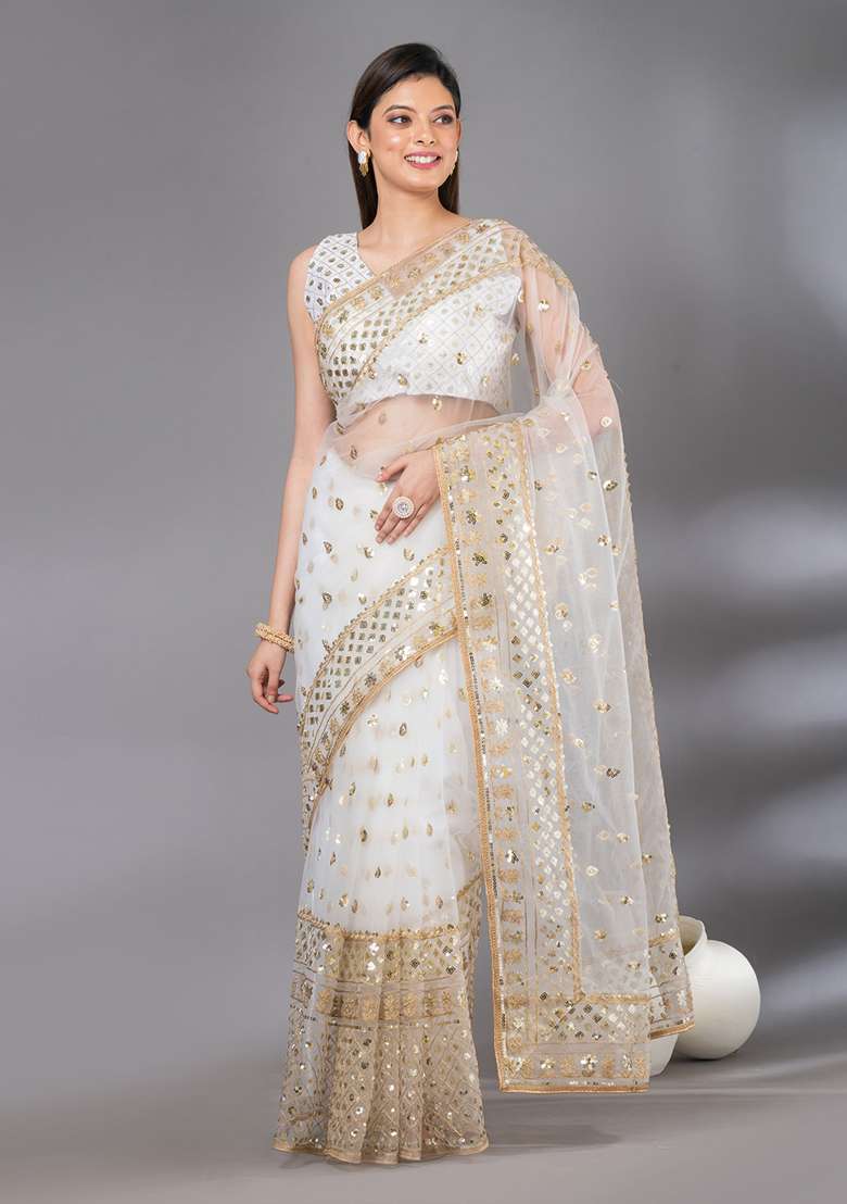 White Sequin Embroidered Net Saree Set for Diwali and Festive Wear - Indya