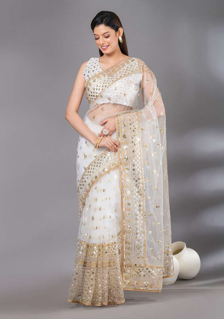 White Sequin Embroidered Net Saree Set for Diwali and Festive Wear - Indya