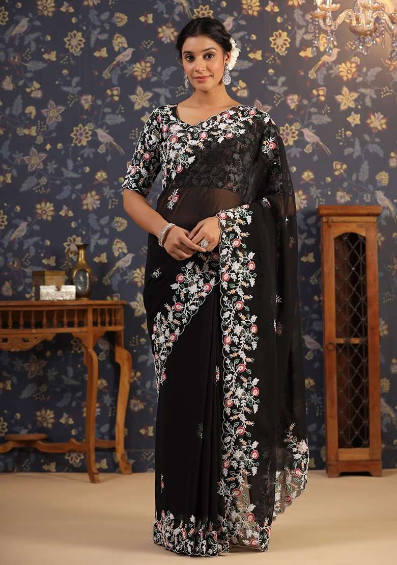 Black Georgette Saree Set with Embroidered for Diwali | Wedding & Festive Wear - Indya