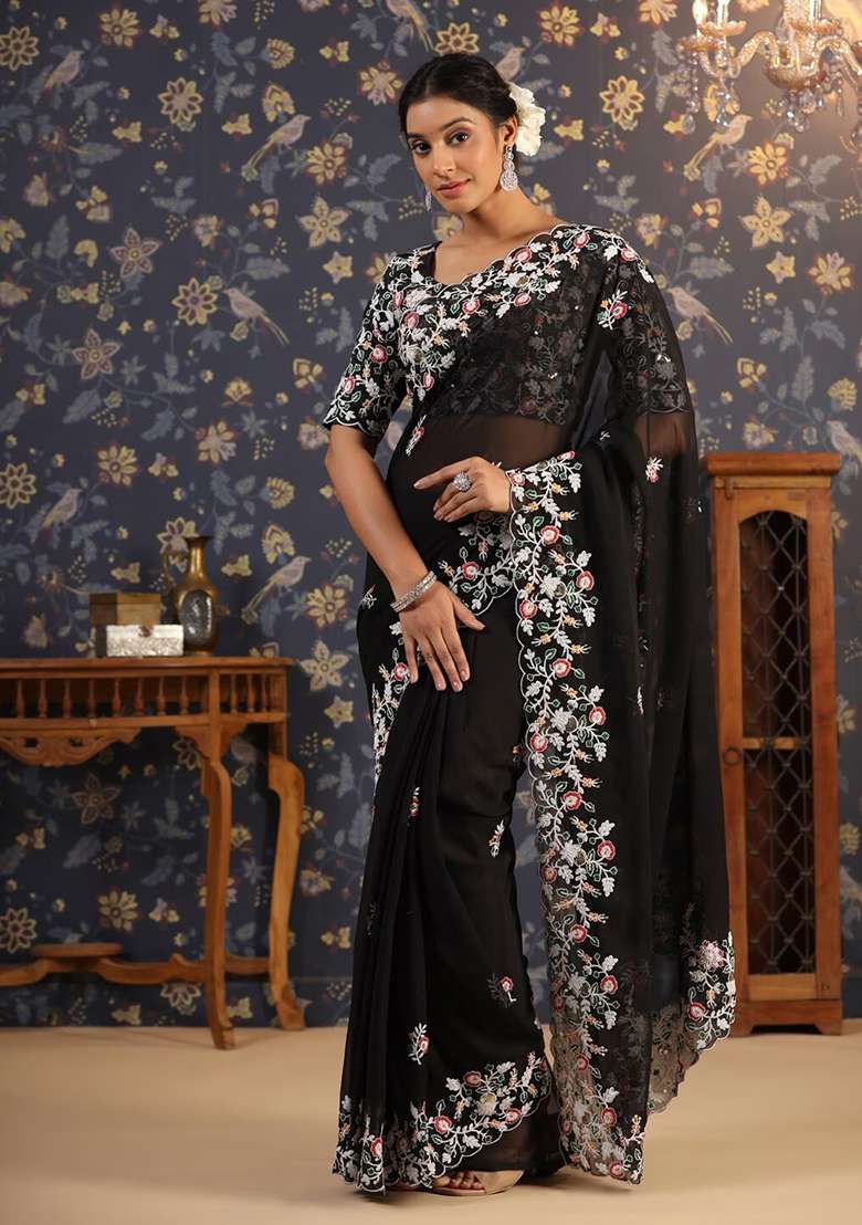Black Georgette Saree Set with Embroidered for Diwali | Wedding & Festive Wear - Indya