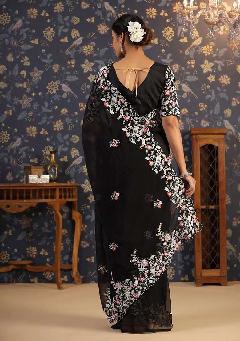 Black Georgette Saree Set with Embroidered for Diwali | Wedding & Festive Wear - Indya