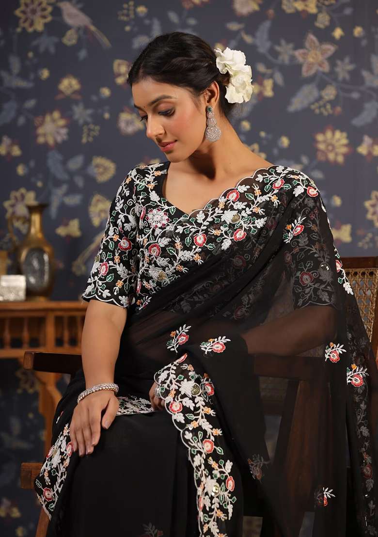 Black Georgette Saree Set with Embroidered for Diwali | Wedding & Festive Wear - Indya