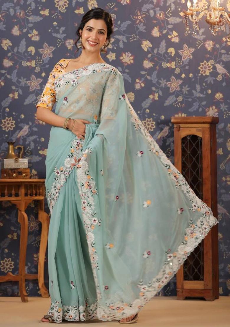 Sky Blue Embroidered Georgette Saree Set